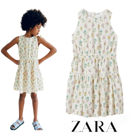 ZARA Kids | Ecru | LACE INSERT TEXTURED FLORAL DRESS - Picture 1 of 6